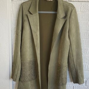 Solitaire, faux suede olive green jacket with lace fun pockets Small